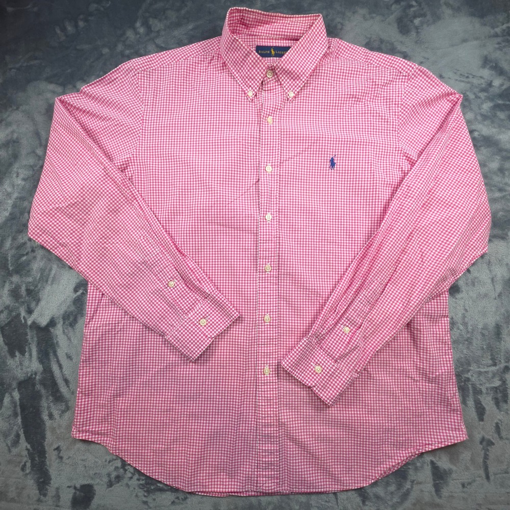 Polo Ralph Lauren Mens XL Pink Gingham Cotton Button Down Shirt Long Sleeve
